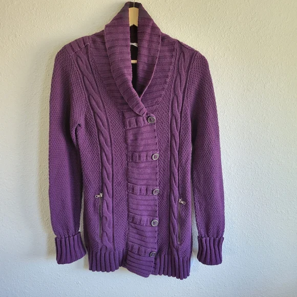 ATHLETA Purple Cable Knit Button Dowm Sweater Jacket Womens Size S - Picture 2 of 8